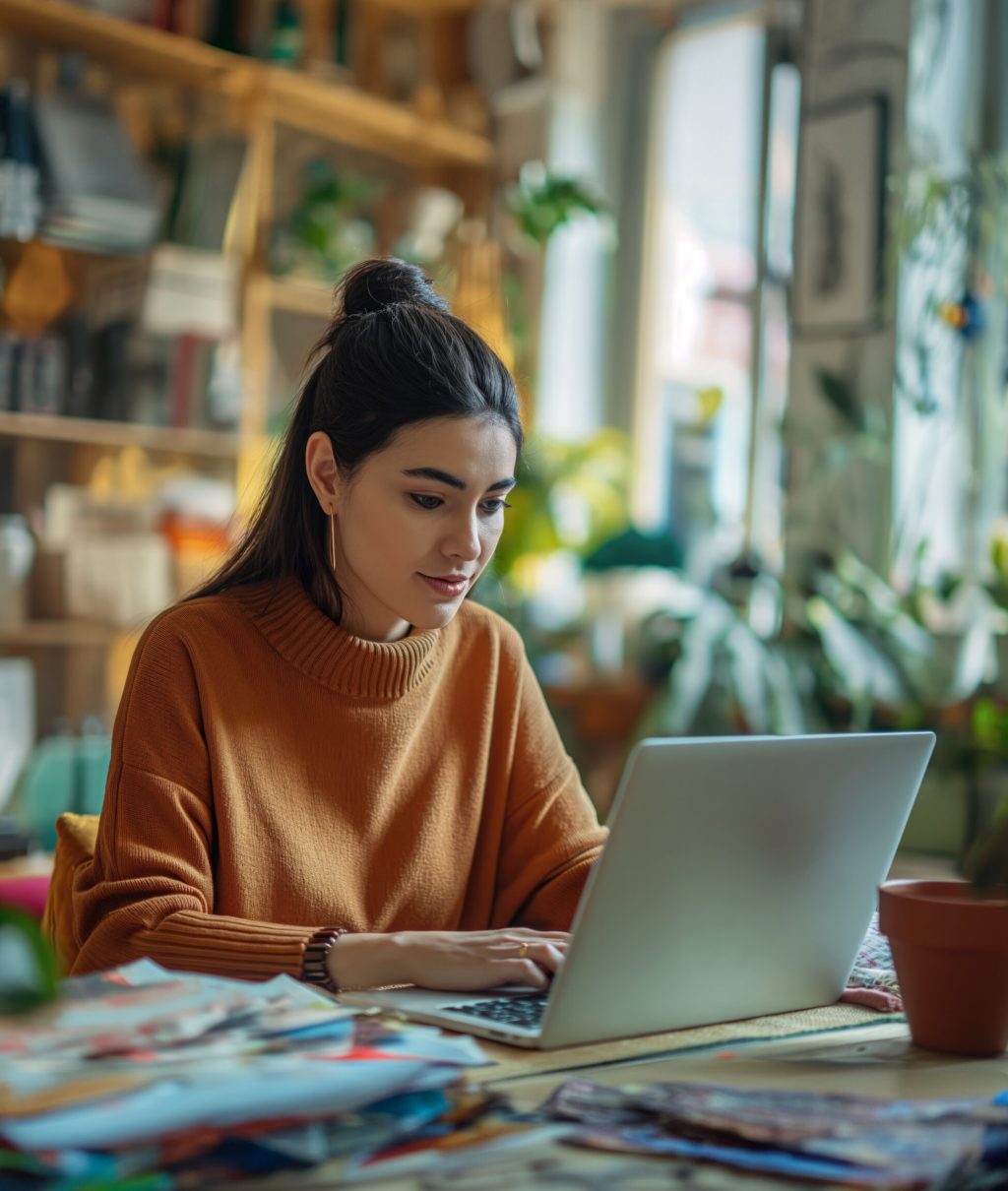 Una mujer en su apartamento mirando su portatil